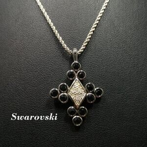 Swarovski Black Clear Rhinestone Pendant Necklace, Rhodium Plate, Swan Logo, 18"